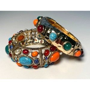 Graziano Pearl Turquoise Coral Jade Cabochons Gold Tone Stretch Bracelet PAIR/2